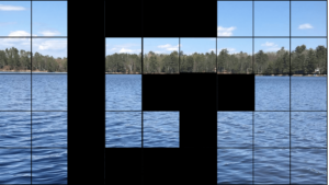 a black grid over a lake with filled in boxes creating a "G"